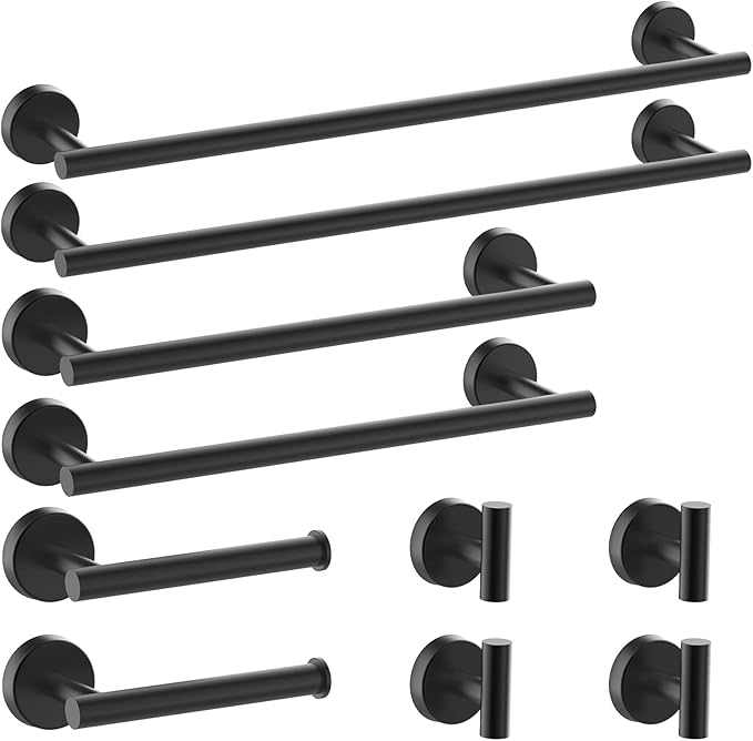 Newfun 10 Piecess Matte Black Bathroom Hardware Set - Includes 24inch Towel Bar, Robe Hook, Toilet Paper Holder, Bathroom Accessories Set Stainless Steel Wall Mounted (Matte Black)