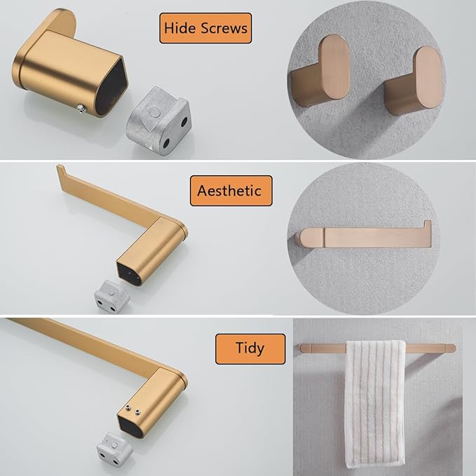 RANDOM Champagne Bronze Bathroom Hardware Set Bathroom Towel Holder Set 4 Piece Include 18” Towel Bar Toilet Paper Holder and 2 Towel Hooks Wall Mount Stainless Steel Brushed Gold Towel Bar Set