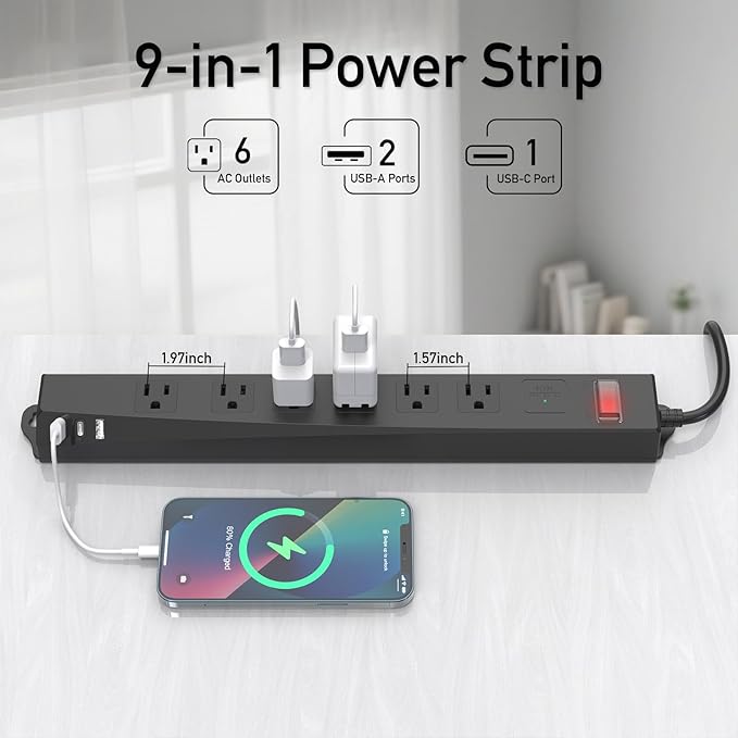 Outdoor Power Strip Weatherproof, KPQ IPX6 Waterproof Surge Protector with 6 Outlets with 2 USB A and 1 USB C, 6FT Extension Cord, Wall Mountable for Home, Office, Dorm, Patio, FCC UL Listed