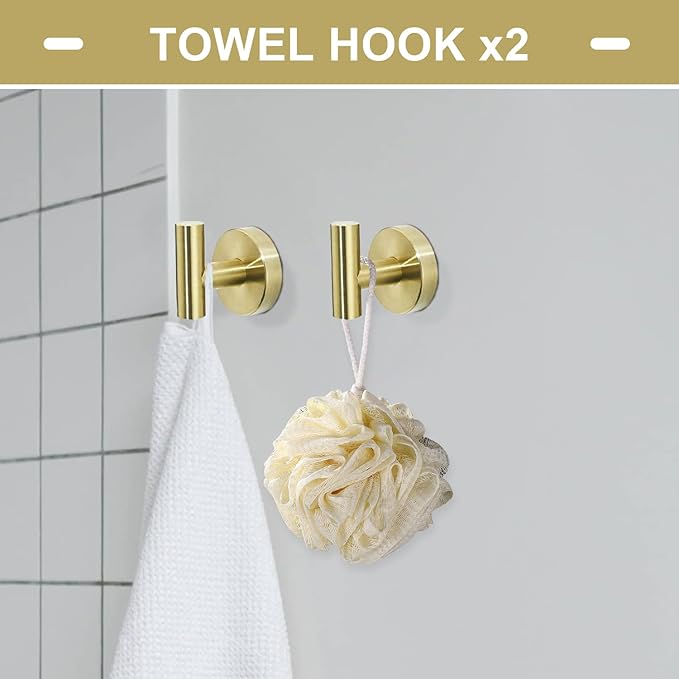 TURS Brushed Gold Bathroom Hardware Set 5 Piece, SUS304 Stainless Steel Bath Towel Bar Set, 24 Inch Bathroom Accessories Kit Wall Mounted