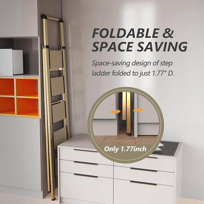 5 Step Ladder, Folding Step Stool, Lightweight Aluminum Foldable Ladder for 10 Foot High Ceiling with Anti-Slip Wide Sturdy Pedal and Handgrip, Multi-Use for Home (300 lbs Capacity) - Champagne Gold
