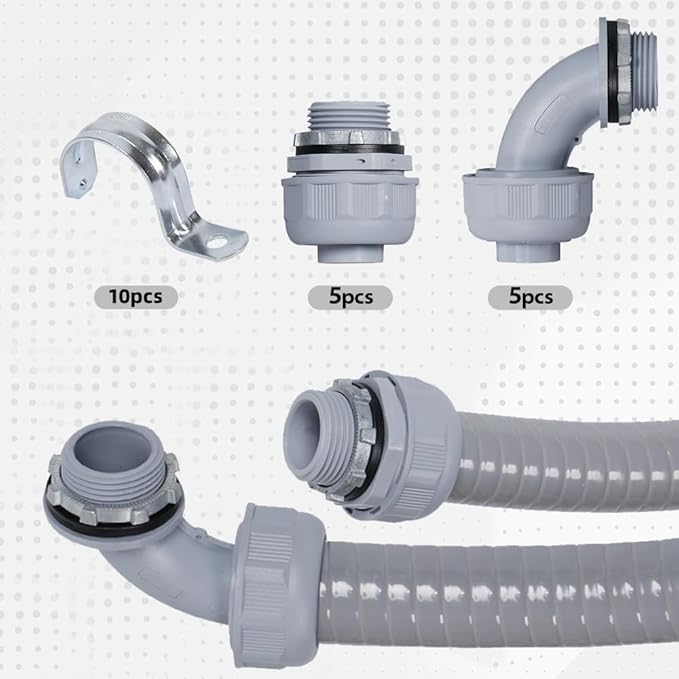 Liquid-Tight Conduit 1-1/2 inch 25ft, Electrical Conduit w/UL Certification, Flexible Conduit with 5 Straight and 5 90-Degree Conduit Connector Fittings Gray