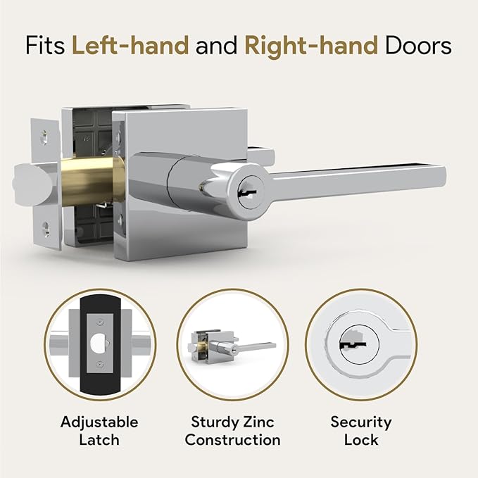 Mega Handles - Prime Entrance Handle, Entry Lever Door Handle, Heavy Duty Square Locking Lever Set for Left or Right-Handed Doors, Interior/Exterior Door Levers - Polished Chrome