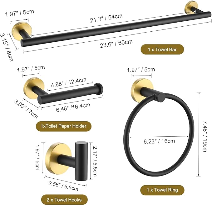 TURS Black and Gold Bathroom Hardware Set 5 Piece, SUS304 Stainless Steel Gold Black Towel Bar Set, 24 Inch Bathroom Accessories Kit Wall Mounted
