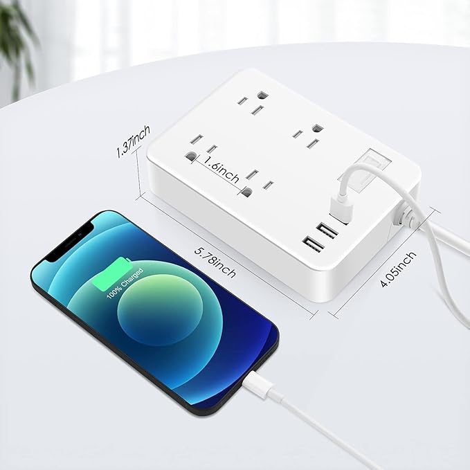 Jgstkcity Outdoor Waterproof Power Strip, 4 Flat Plug Outlets and 3 USB Ports, Mountable Weatherproof Surge Protector, Multi Outlet Extension for Camping, Garden, Kitchen, Bathroom, 6ft Cord (White)