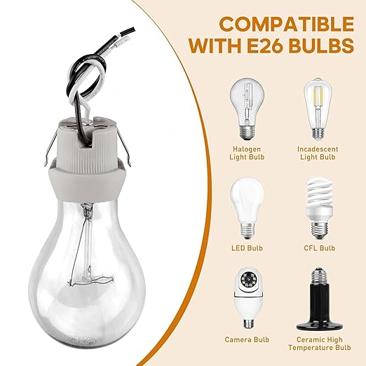 E26 U Clip Porcelain Socket,Medium Base Snap-in Keyless Ceramic Lamp Holder with 6" Black White Dual Wires, 660W 600V for Fixture Lighting (2-Pack)