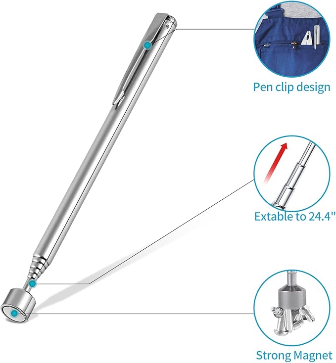 1 Piece 5LBs Telescoping Magnetic Pickup Tool, with Pen Clip Design, Magnet Stick Rod Extendable 5.7" to 24.4" for Men, Birthday, Father's Day, Christmas Gift