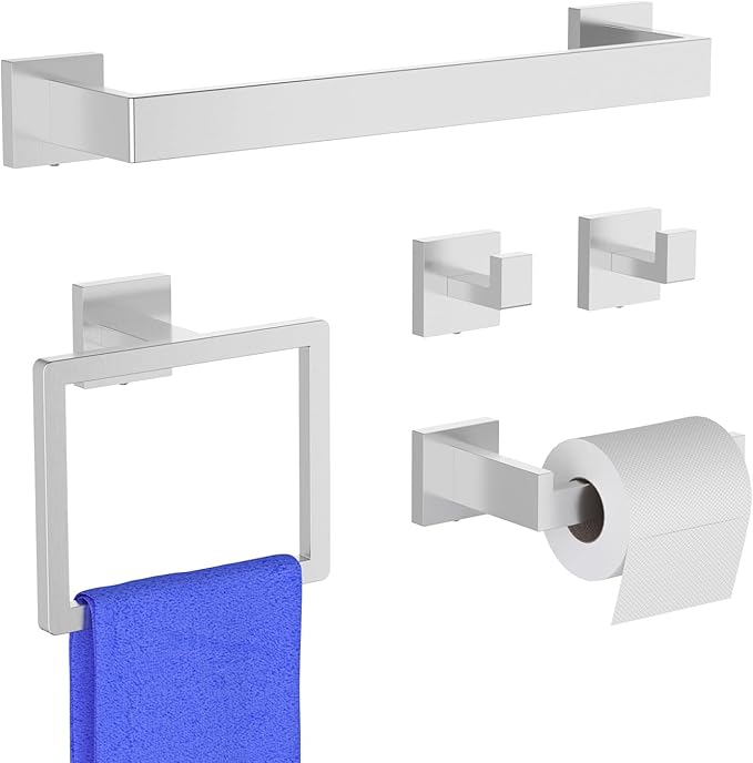 Brushed Nickel 5-Pieces Bathroom Hardware Set, SUS304 Rustproof Steel 16" Rectangle Bathroom Towel Racks Accessories Set, Luxury Hotel Grade Organization Hardware Kit