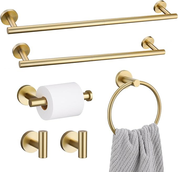 Bathroom Towel Holder Set, 6 Pieces Brushed Gold Towel Bar Bathroom Hardware Accessories Set, SUS304 Stainless Steel Towel Rack Towel Ring Toilet Paper Holder Set Wall Mounted