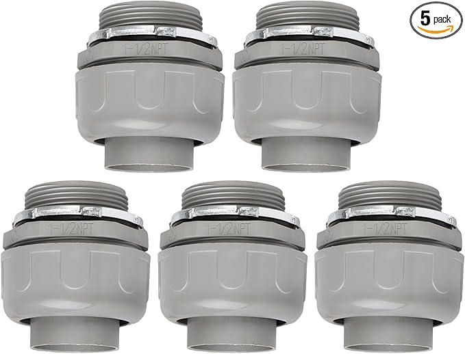 Conduit Connectors, 1-1/2 Inch Liquid Tight Connector NPT Non-Metallic for PVC Electrical Flexible Conduit Fittings, 180 Degree Straight, UL Listed for Home Outdoor Tubes Tools, Grey (5-Pack)