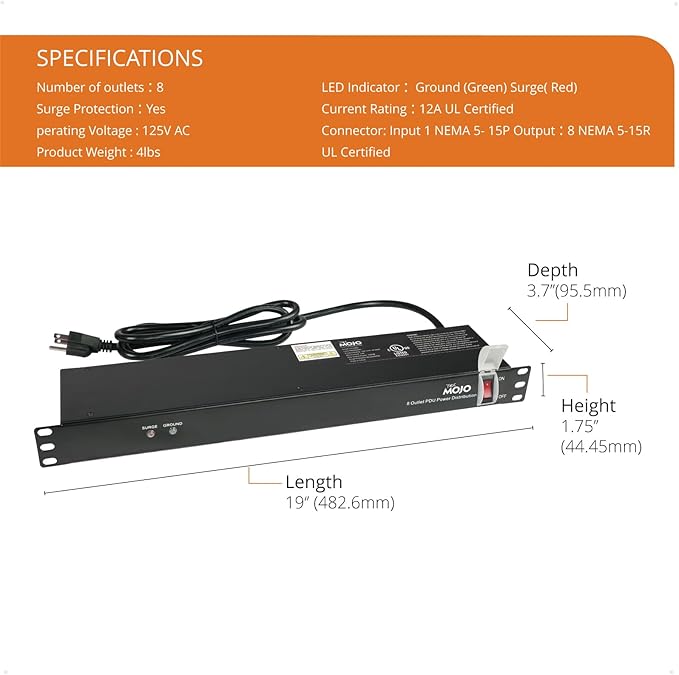 Tecmojo 1U Rack-Mount Horizontal 8-Outlet Power Strip UL Listed PDU with Surge Protection 6ft Cord Power Distribution for IT and Network Server Racks
