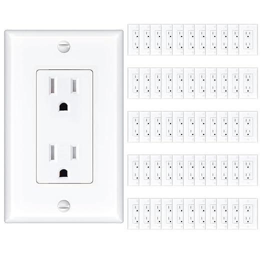 Amico 50 Pack Wall Outlet, 15 Amp Outlets, UL Listed, Tamper Resistant Standard Electrical Outlet, Decorator Receptacle with Wall Plate, Suitable for Home and Business, 125V/1875W, White