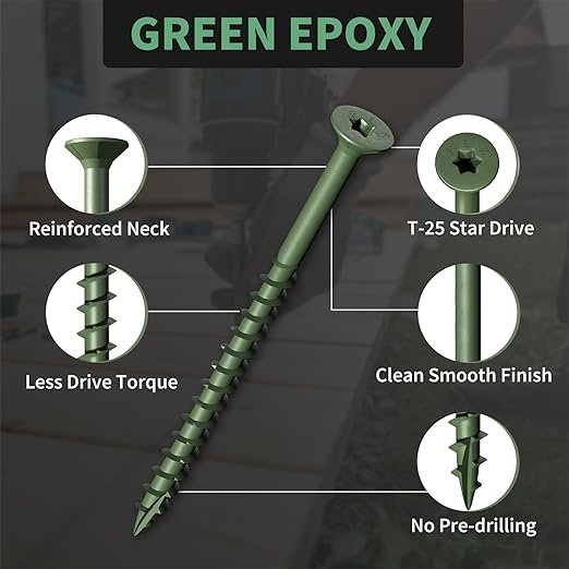 Wood Screws 3 Inch, FIXLINK Deck Screws #10 x 3, 310 PCS, Epoxy Coated, T25 Star Bit Above 1500 Hour Salt Spray Coating Outdoor Decking Screws Excellent Rust Resistant for Wood Fence, Green