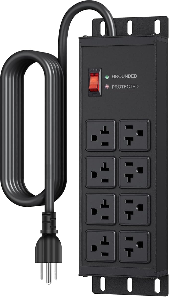 JUNNUJ Heavy Duty 20 Amp Surge Protector 4800J, Garage Metal 8 Outlets 12 Gauge, High Amp 5-15P Adapter Shop 6-20R T-Slot Industrial Outlet, 4 FT Extension Cord Commercial for Appliance