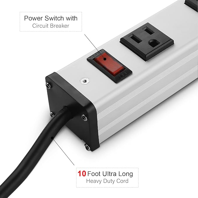 16 Outlet Plugs Heavy Duty Metal Power Strip, Aluminum Workshop Socket with 10 FT Long Cord and Power Switch. 15A, 125V, 1875W Silver