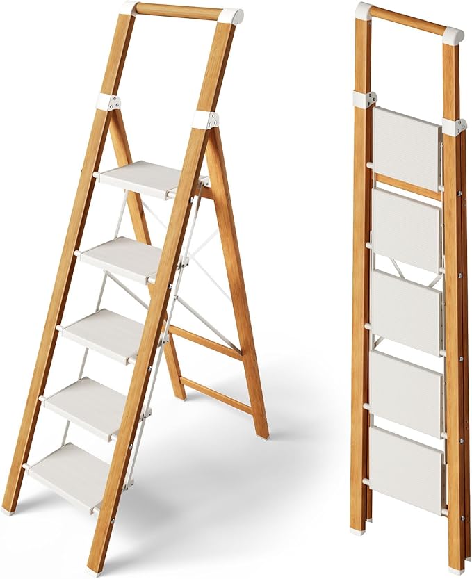 Taranta 5 Step Ladder, Portable Folding Ladder with Wide Pedal, Lightweight Aluminum Step Stool with Convenient Handgrip, 330 lbs Capacity Stepladder for Home, Office - White Woodgrain