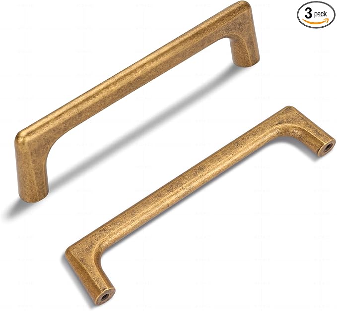 3 Pack 5 Inch(128mm) Hole Center Modern Antique Brass Cabinet Pull Handle Timeless Vanity Drawer Pull Handle Classic Cabinet Hardware for Kitchen Dresser Bathroom, Screws Included, A-Brass(5x3)