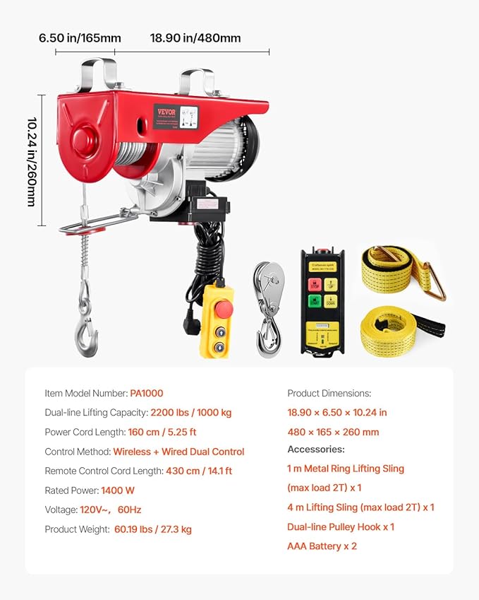 VEVOR Electric Hoist, 2200 lbs 120V Electric Winch with 328 ft Wireless & 14 ft Wired Remote Control, 40 ft Single Cable Lifting Height, Single/Double Slings, Lift Hoist for Garage Warehouse Factory