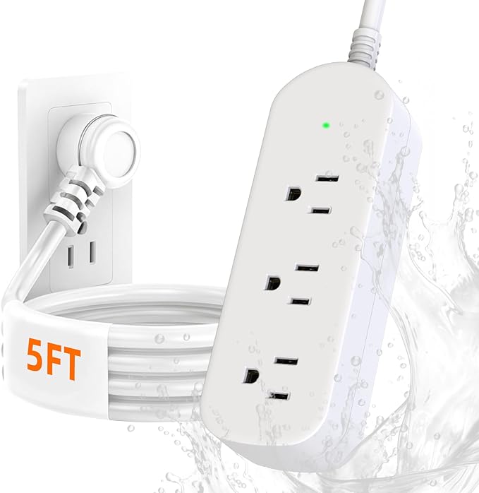 Surge Protector Power Strip, KPQ IPX6 Grade Waterproof Outdoor/Indoor Power Strip Weatherproof with 3 AC Outlets, 5FT Extension Cord, Wall Mountable for Home, Office, Camping-White