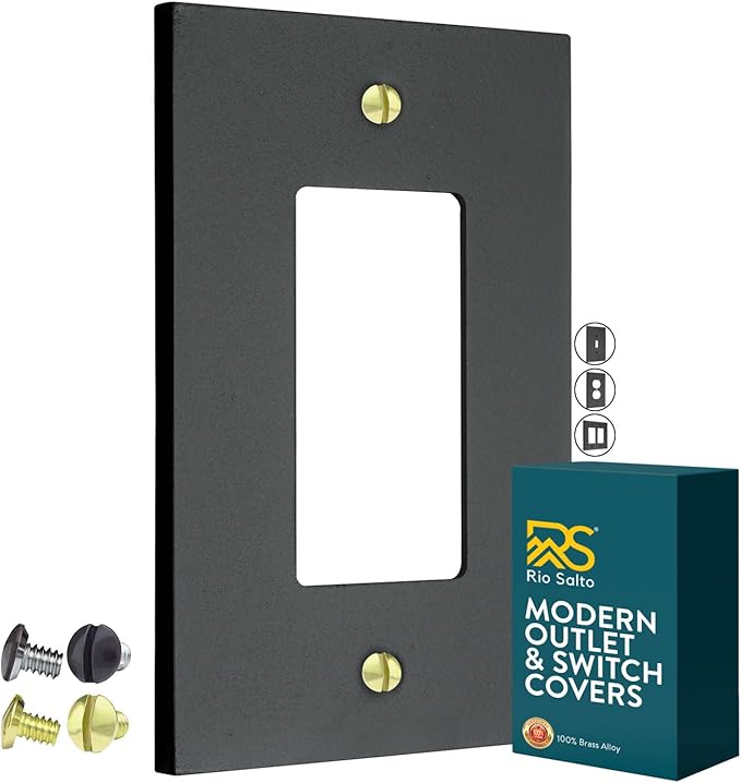RIO SALTO Modern Metal Matte Black Wall Outlet Cover or Light Switch Cover Rocker Decora Electrical Switch Covers Decorator Plug Wall Plate Electric Outlet MIDSIZE Black Receptacle (Rocker, 1-Gang)