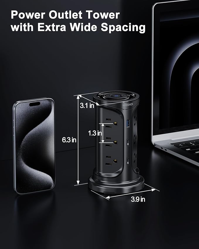 Tower Surge Protector Power Strip Flat Plug with 12 AC Outlets 3 USB Ports(2 Type C), 6.5 FT Ultra Flat Extension Cord with Multiple Outlets, Outlet Extender with Screw Wall Mount for Home Office Dorm