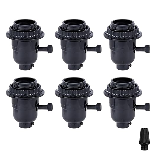6 Pack Lamp Socket Replacement, Phenolic Medium Base Light Socket, E26 Screw Bulbs Edison Retro Pendant Lamp Holder, Lampshade Ring, 1/8 IP Thread Cap (Lamp Socket Turn Knob Swtich)