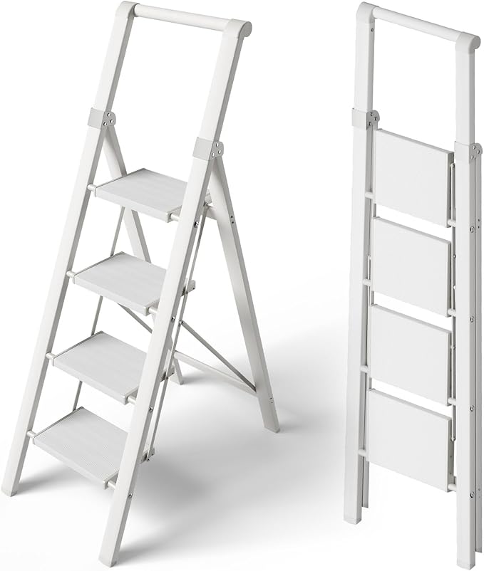Taranta 4 Step Ladder, Portable Folding Ladder with Wide Pedal, Lightweight Aluminum Step Stool with Convenient Handgrip, 330 lbs Capacity Stepladder for Home, Office - White