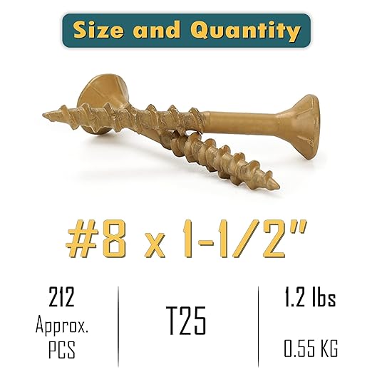 WELLOCKS Deck Screws, Wood Screws, Tan, Superior Rust Resistant, Epoxy Coated, Above 1000 Hour Salt Spray Coating T25 Torx Star Bit Included for Outdoor Wood Fence (1.2LBS Tan, #8×1-1/2")