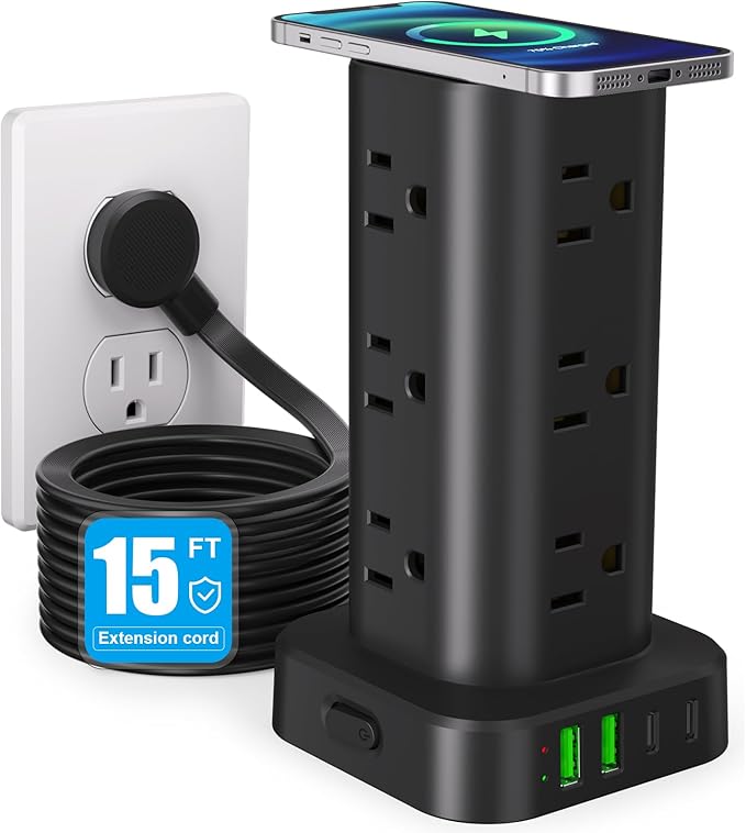 Power Strip Tower with Wireless Charger, Flat Plug Surge Protector Tower with 15FT Extension Cord, 12 AC Multiple Outlets, 4 USB (2 USB C),15W Wireless Charging Power Tower for Home Office Dorm, Black