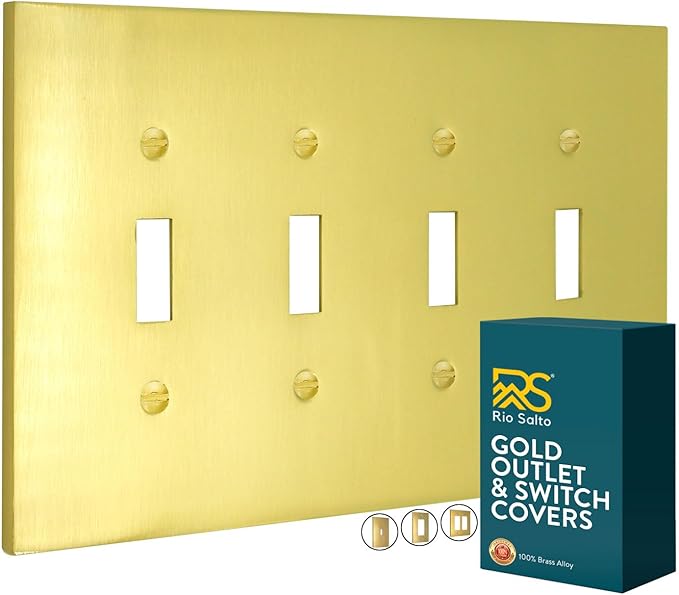RIO SALTO Modern Metal Vibrant Yellow Gold Quad Toggle Light Switch Cover Metal Decorative Toggle Switch Covers Wall Plate Outlet Cover Electric Outlet Socket Quad Togle - Midsize 4 Gang