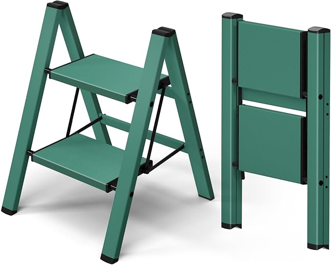 Taranta 2 Step Ladder,Aluminum Lightweight Folding 2 Step Stool with Anti-Slip Wide Pedal,330lbs Capacity Step Ladder for Household,Kitchen,Office - Green