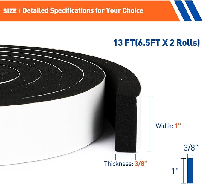 MAGZO Weather Stripping Door Seal,1 Inch Wide X 3/8 Inch Thick Adhesive Foam Tape Soundproof Weatherstripping for Windows, 2 Rolls Total 13FT Black