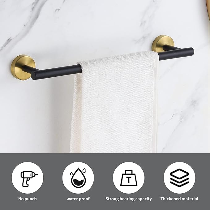 5 Pieces Bathroom Hardware Set Black Gold, Towel Rack Including 2pcs 16 inch Tower Bar, Towel Ring and 2 PCS Towel Hooks