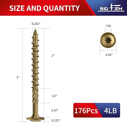 #14 x 3 Inch Lag Screws (176Pcs) 4lb. Structural Wood Screw, Bronze, Carbon Steel, Washer Head, Rust Resistant epoxy Coated, T30 Star Bit