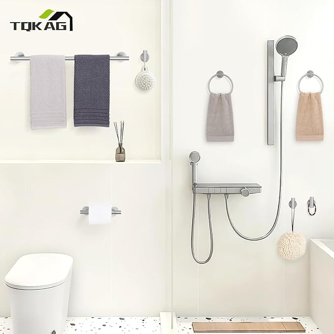 TQKAG 8-Pieces Bathroom Hardware Set Brushed Nickel SUS304 Stainless Steel Bath Towel Bar Set 23.6 Inch Round Bathroom Accessories Kit Wall Mounted