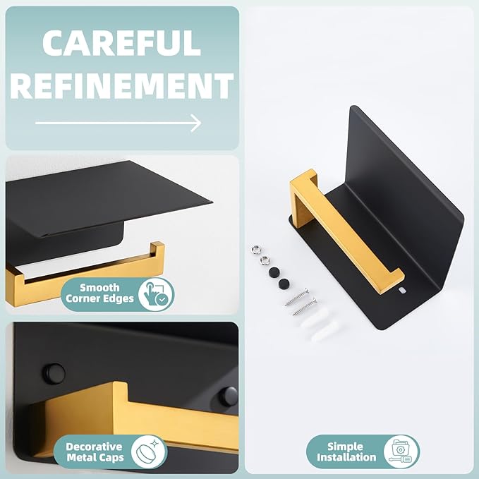 Toilet Paper Holder with Phone Shelf Black & Gold, APLusee 304 Stainless Steel Tissue Roll Dispenser Storage, Bathroom Accessories Wall Mounted