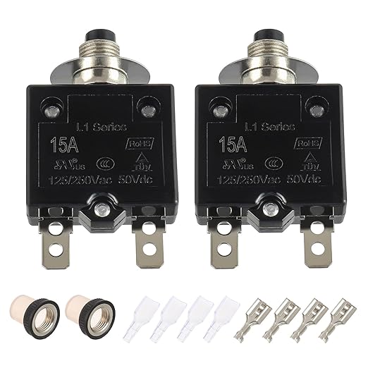 15A Manual Reset Push Button Circuit Breaker 125/250V AC 50V DC Thermal Overload Protector with Quick Connect Terminals and Waterproof Button Caps Assortment Kit(Pack of 2 pcs)