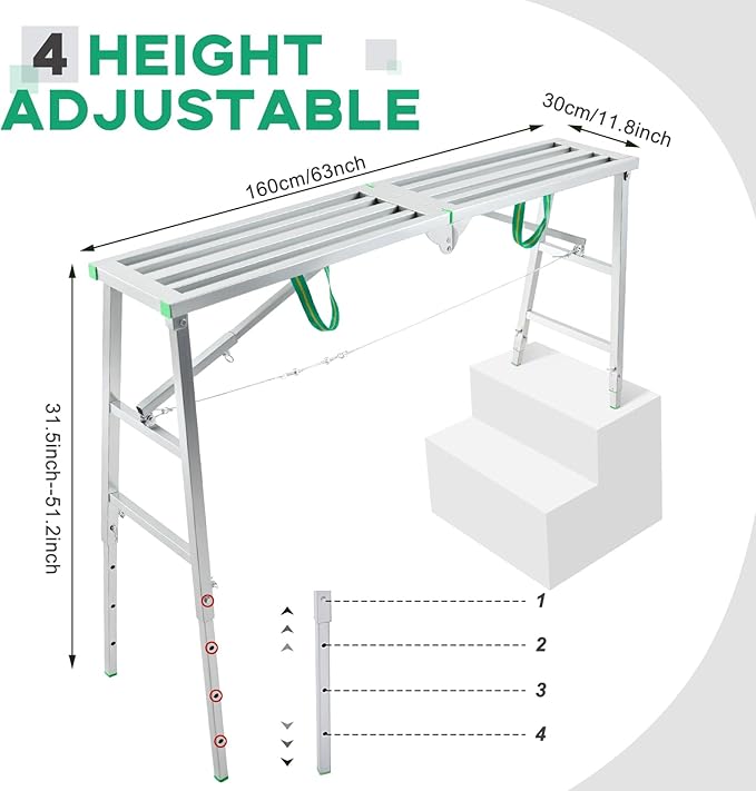 Zonon 63" L x 11.8" W x 32" to 51" H Folding Work Platform Portable Scaffolding Step Stool 4 Height Adjustment 800 Lbs Load Capacity Non Slip Work Platform Ladder for Home Drywall Cleaning Painting