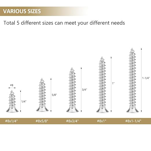 142 Pieces #8 x 1/2" 5/8" 3/4" 1" 1-1/4" Phillips Countersunk Head Self-Tapping Screws, Wood Screws Assortment Kit, 304 Stainless Steel