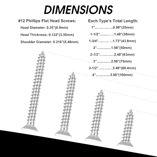 White Head 50 PCS #12X2-1/2(2.5 inch) Stainless Steel Phillips Flat Head Wood Screws,Stainless Steel 18-8 A2(304) Screw,Home Screw Kit by QISHENG