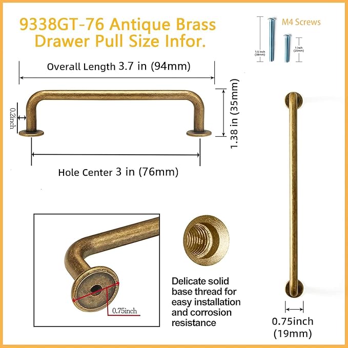 Goo-Ki 6 Pack Antique Brass Cabinet Pulls Drawer Handles, 3" c-c Vintage Bronze Retro Brass Bar Pull Handle Solid Zinc Alloy Kitchen Hardware for Cupboard