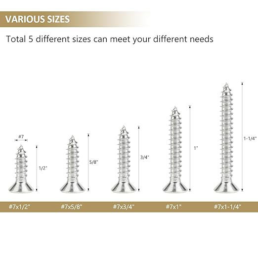 162 Pieces #7 x 1/2" 5/8" 3/4" 1" 1-1/4" Phillips Countersunk Head Self-Tapping Screws, Wood Screws Assortment Kit, 304 Stainless Steel
