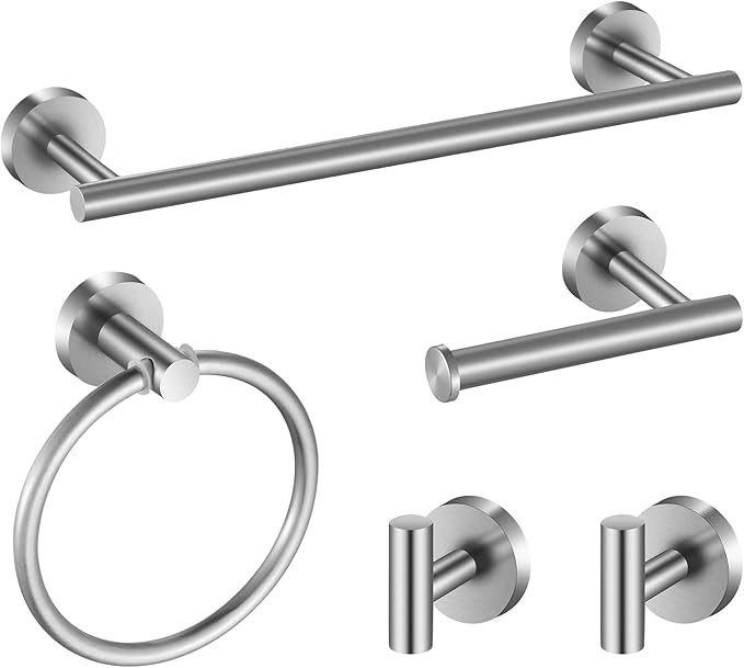 Towel Bar Set Brushed Nickel, Bathroom Towel Ring Set 5pcs Including 2pcs 16'' Tower Bar, Towel Ring and 2 PCS Towel Hooks