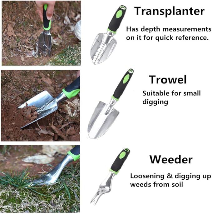 Garden Tool Set, 8 Pcs Heavy Duty Aluminum Rustproof Gardening Hand Tools,with Non-Slip Rubber Grip,Durable Storage Tote Bag,Outdoor Hand Tools, Idea for Transplanting, Weeding, Digging and Planting