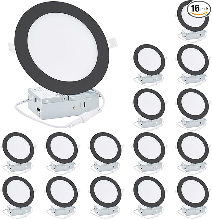 16 Pack 6 inch Black Recessed Lighting, 5CCT LED Recessed Light with Junction Box, 2700K-5000K Selectable, 12W, 120v, 1100LM Dimmable Canless Wafer Downlight, ETL FCC