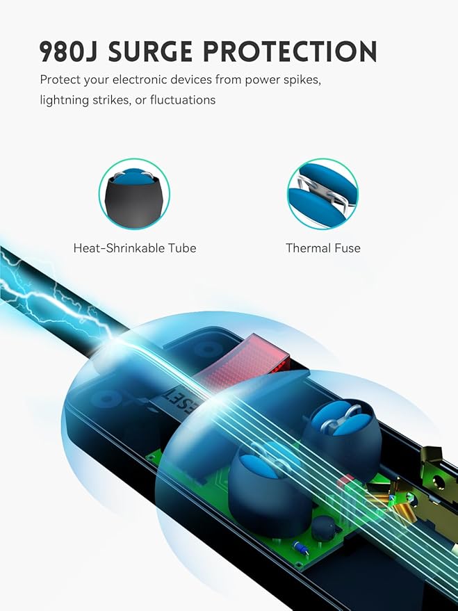 PLUGUTL 2 Pack Surge Protector (980 Joules), Flat Plug Power Strip, 4FT Extension Cord with Multiple Outlets, 6 Outlets, ETL Listed, 14 Gauge, Wall Mountable for Home Office Garage, Black