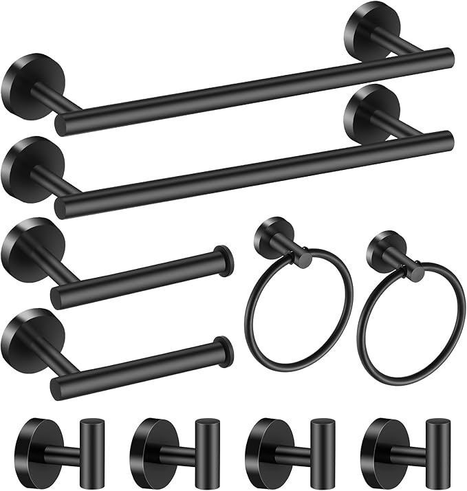 Bathroom Hardware Set Matte Black, 10 Pieces Bathroom Accessories Set Includes Includes 2 Packs 24 Inch Towel Bar, Towel Ring, Toilet Holder and 4 Packs Towel Hooks