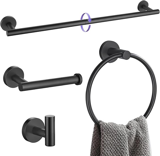 YACVCL Bathroom Hardware Set 4 Pieces Towel Bar Set Matte Black Bathroom Accessories Set SUS304 Stainless Steel Towel Holder Set,Wall-Mounted