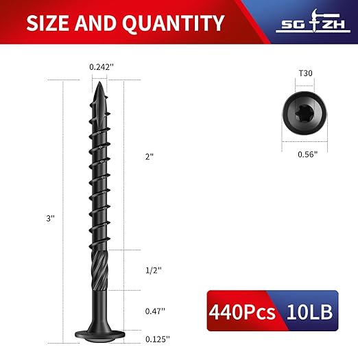 #14 x 3 Inch Lag Screws (440Pcs) 10lb. Structural Wood Screw, Black, Carbon Steel, Washer Head, Rust Resistant epoxy Coated, T30 Star Bit