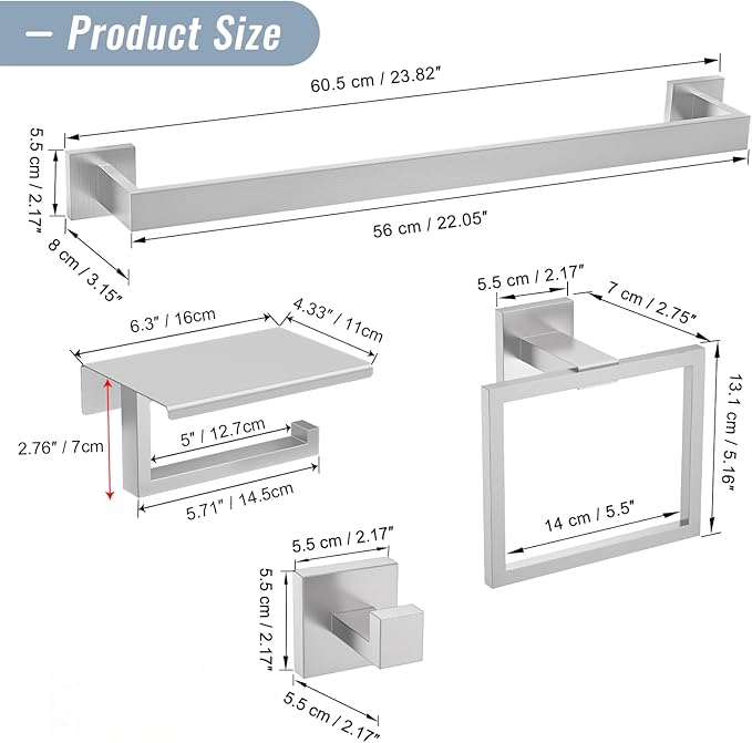 YACVCL 5 Pieces Brushed Nickel Bathroom Accessorie Set 23.6 Inch Towel Bar Set SUS304 Stainless Steel Towel Holder Set for Bathroom,Toilet Paper Holder with Shelf Wall-Mounted Bathroom Hardware Set